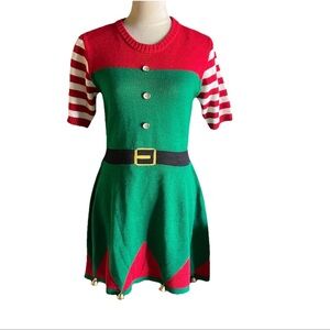 Poof New York Women's S Elf Christmas Short Sleeve Dress W/ Bells Holidays